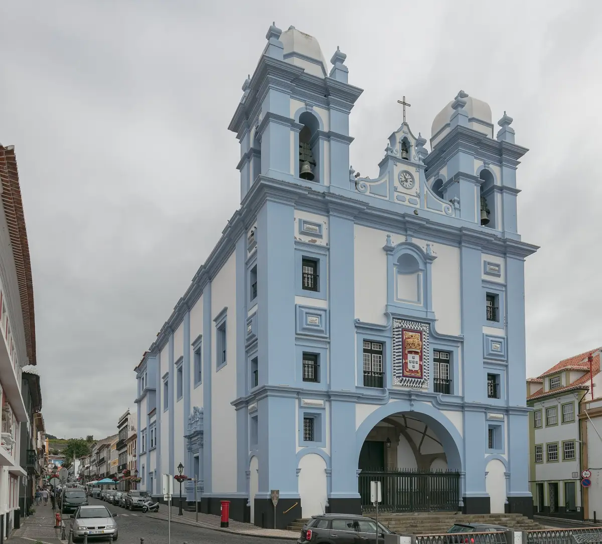 Blue and white baroque church facade in Angra do Heroísmo