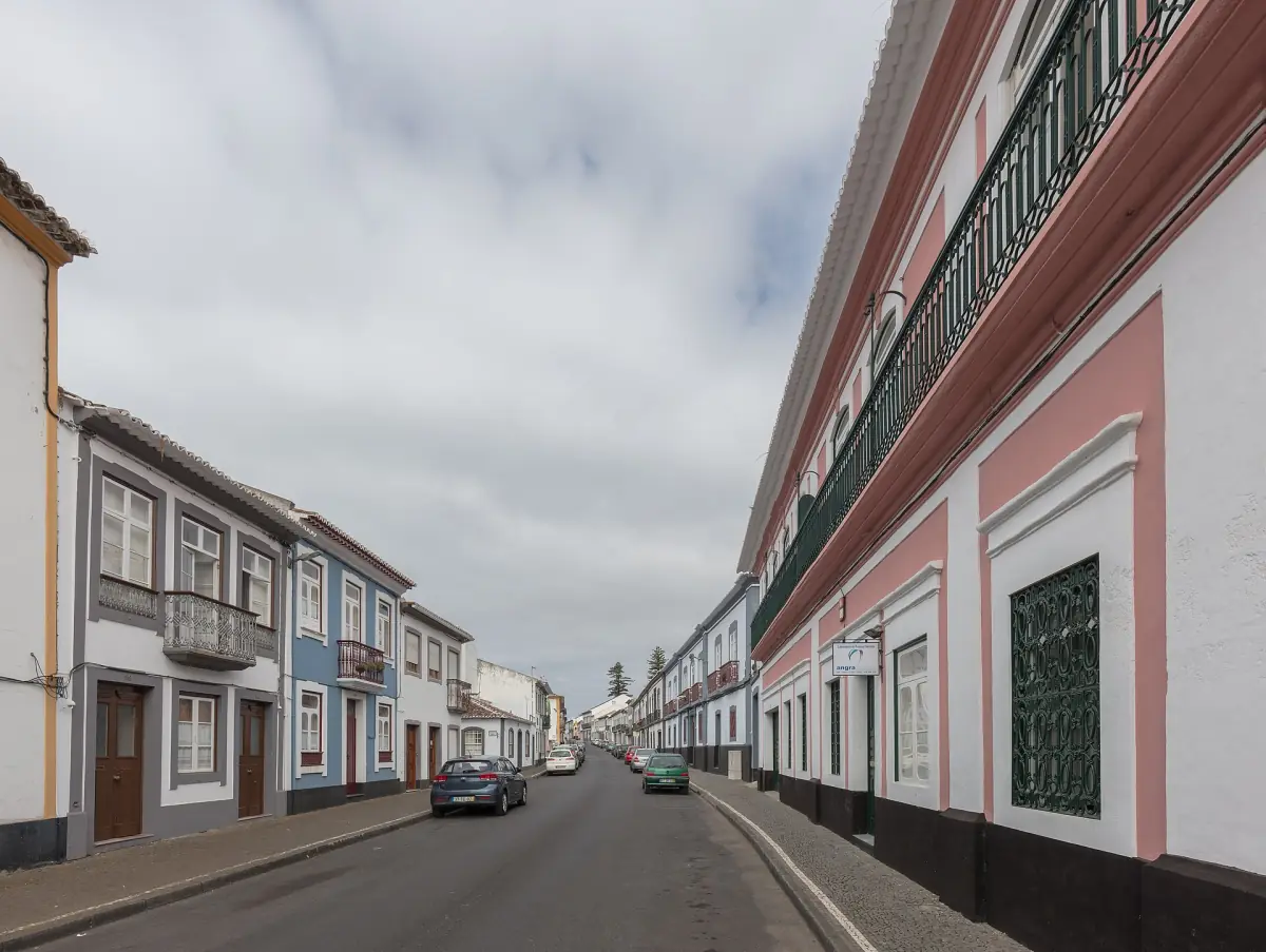 Colourful old townhouses lining a quiet street in Angra do Heroísmo