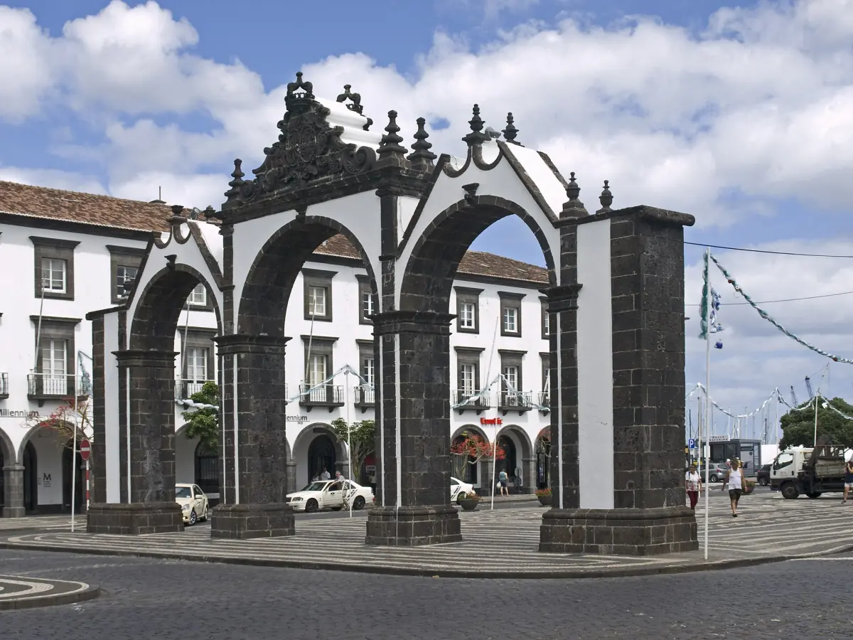 Black and white basalt arches of the Ponta Delgada city gates