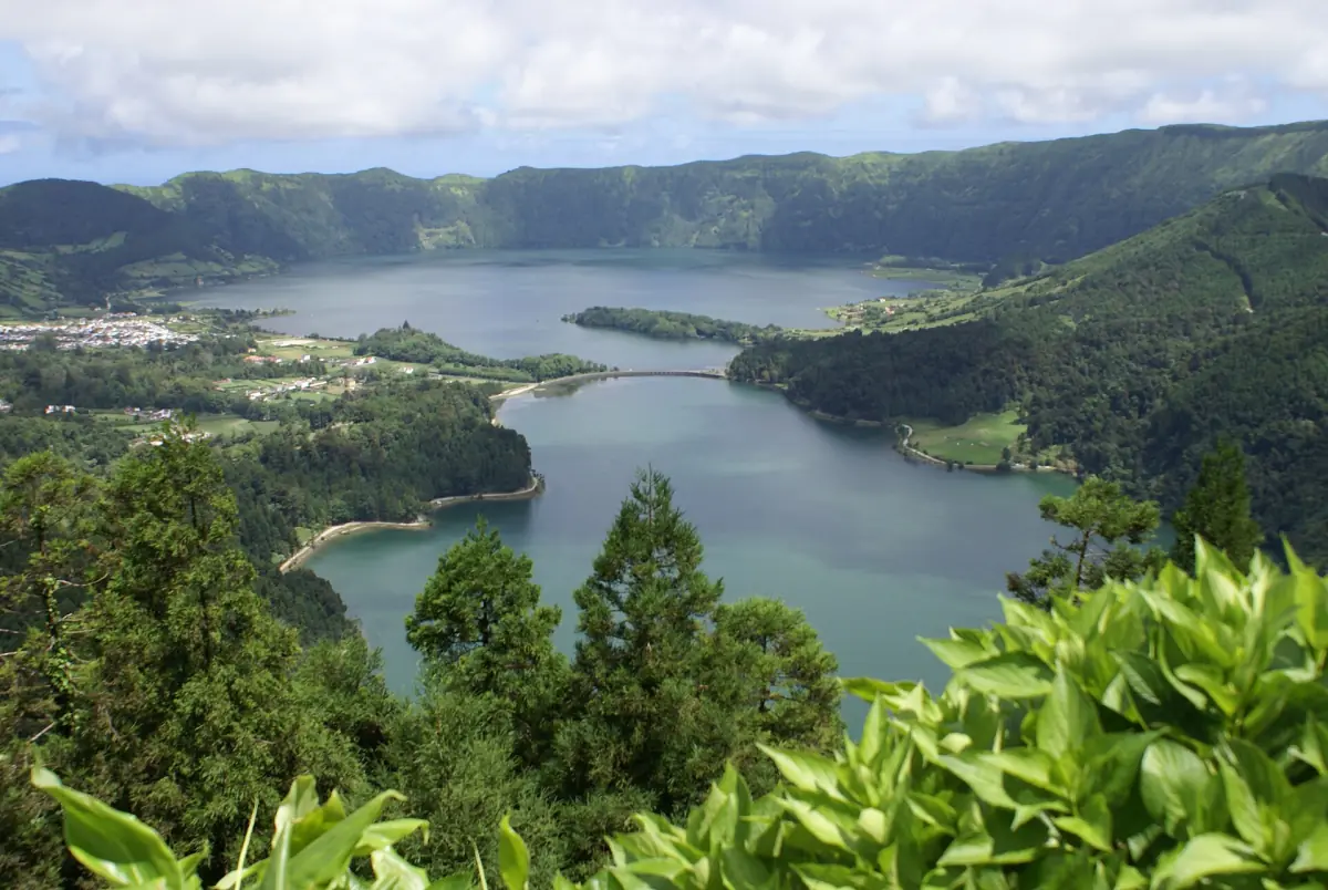 Twin blue and green crater lakes of Sete Cidades seen from a viewpoint